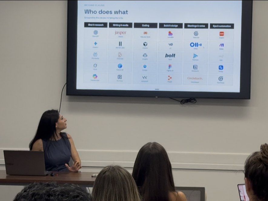 A slide of AI tools grouped by the job you use them for, with the presenter looking up at the screen